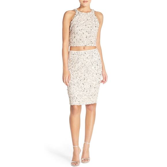 Adrianna Papell Crop Top Skirt Matching Set Small Pink Nude Sequin Dress Party - Picture 1 of 16